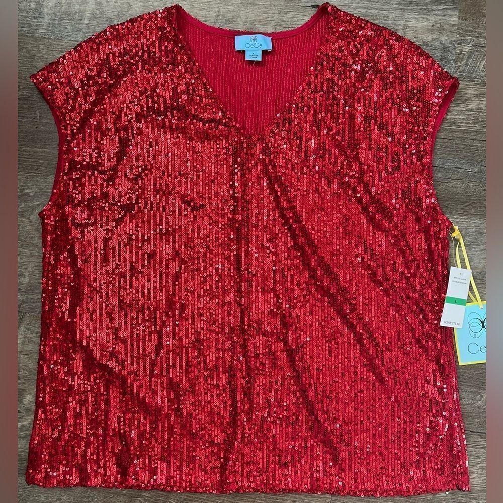 CeCe Sequined V-Neck Cap-Sleeve Red Blouse-Size Large